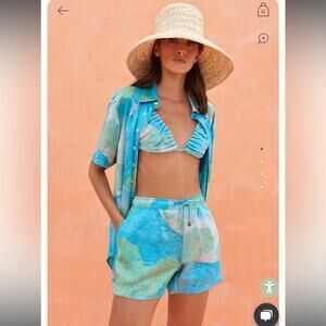 cult gaia oby blue & green printed boyfriend bikini cover up silk shorts Large